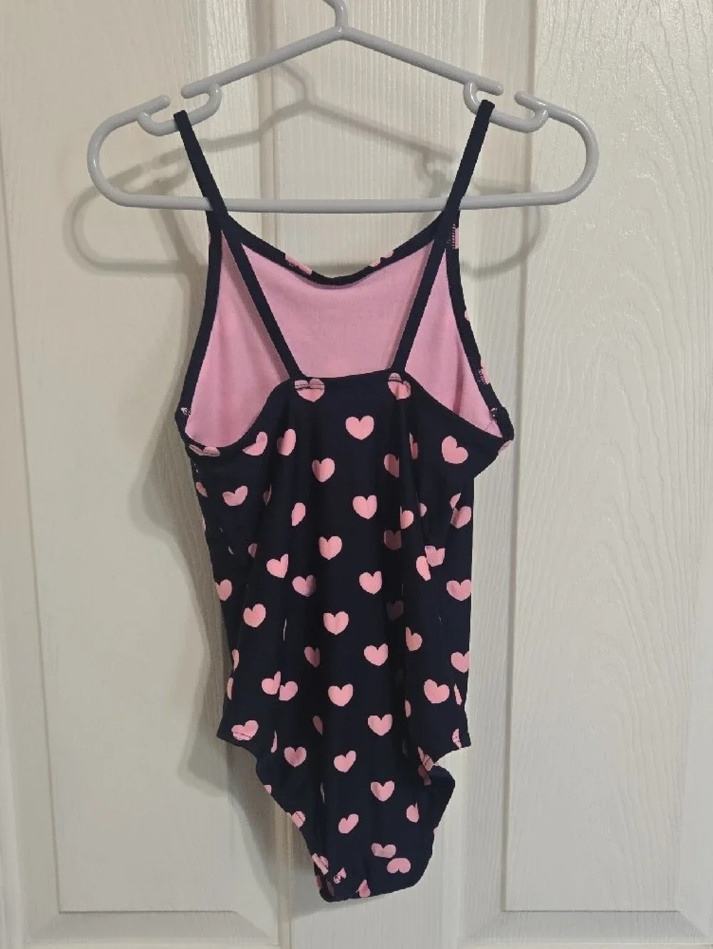Girls' Navy One-Piece Swimsuit with Pink Heart Print